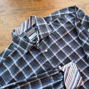 Thomas Dean Mens Large Blk/Gray/Blue Flip Contrast Cuff Button Down Cotton